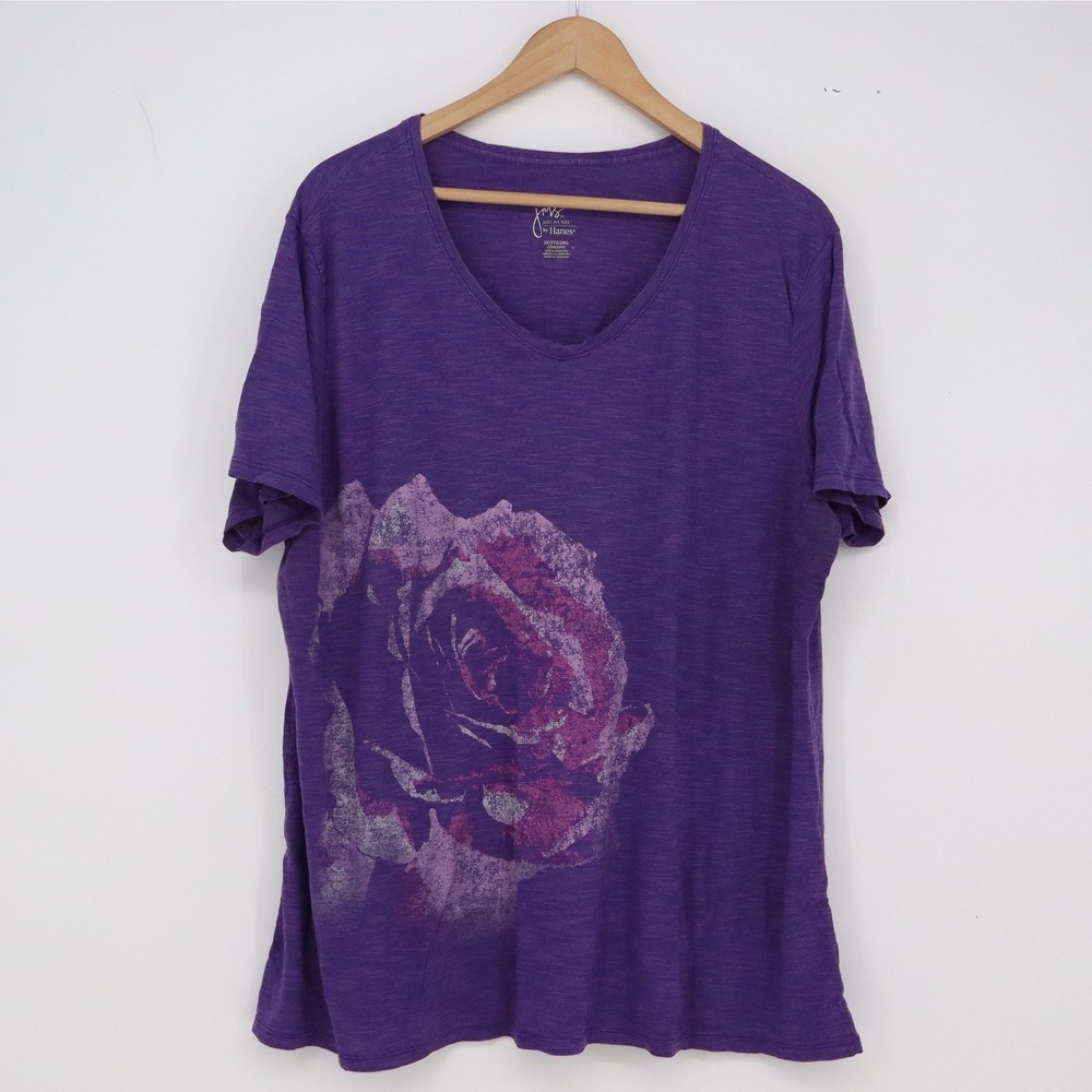 Just My Size T-Shirt Womens 3X Graphic Tee Purple Rose Slub Knit V-Neck Good